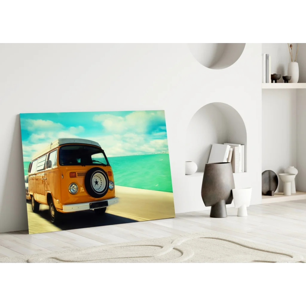 Vintage orange Volkswagen van on glass wall art canvas print