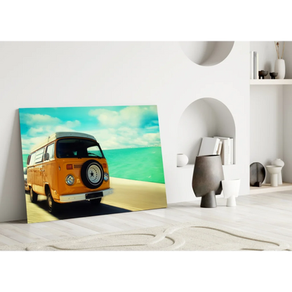 Vintage orange Volkswagen van on glass wall art canvas print