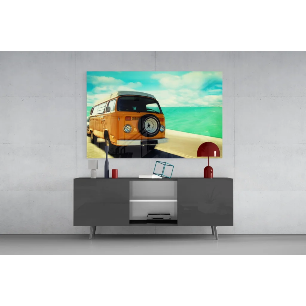 Vibrant orange vintage VW van glass wall art canvas print