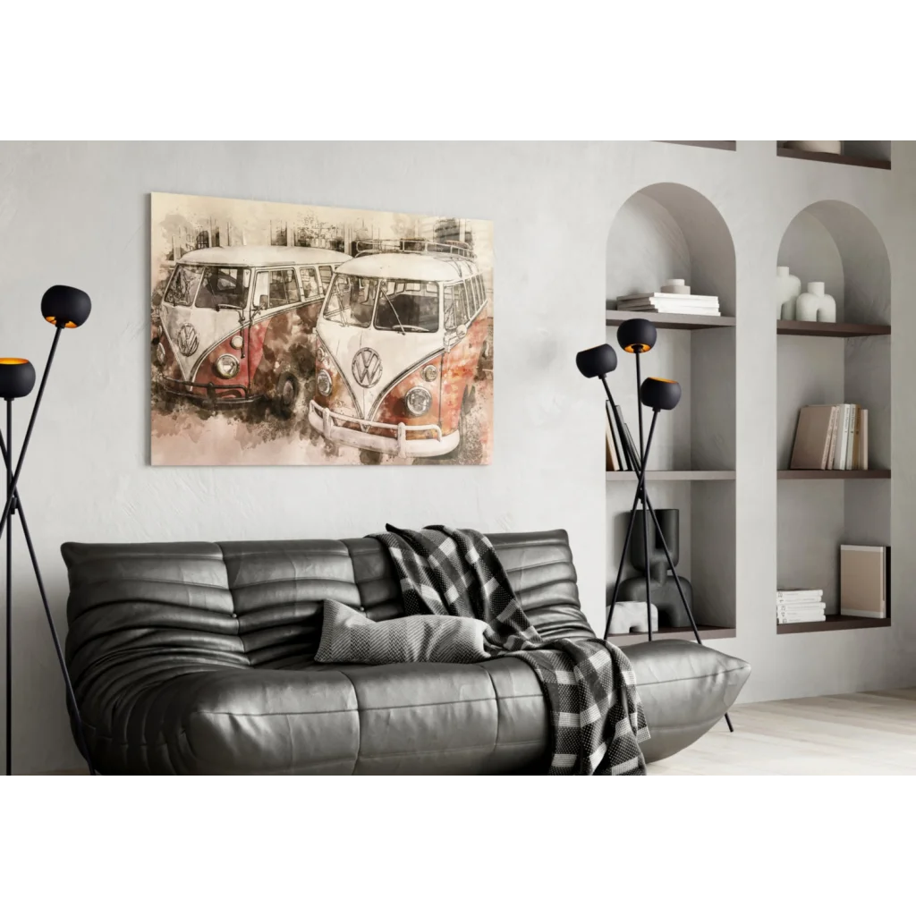 Vintage VW Bus watercolor canvas wall art print with red white and orange cream buses