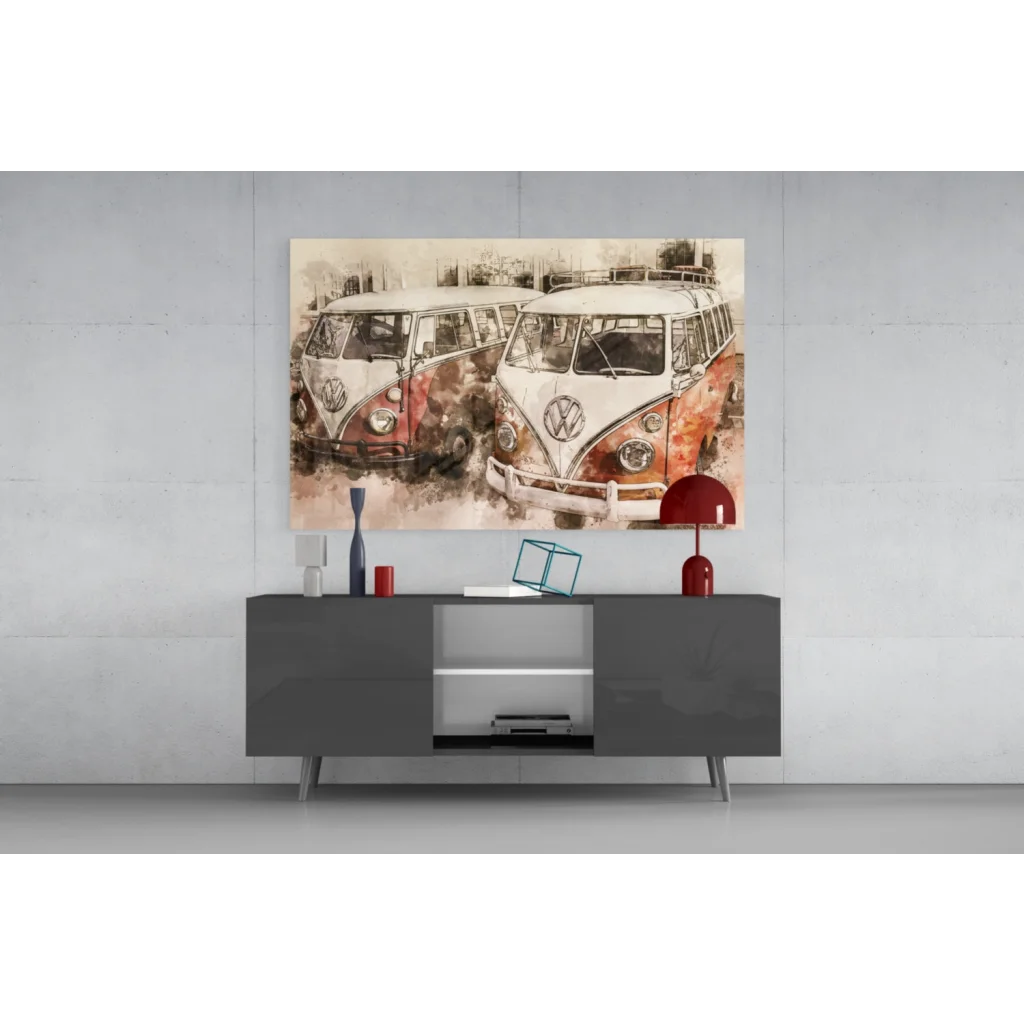 Vintage VW Bus watercolor canvas wall art print with red white buses