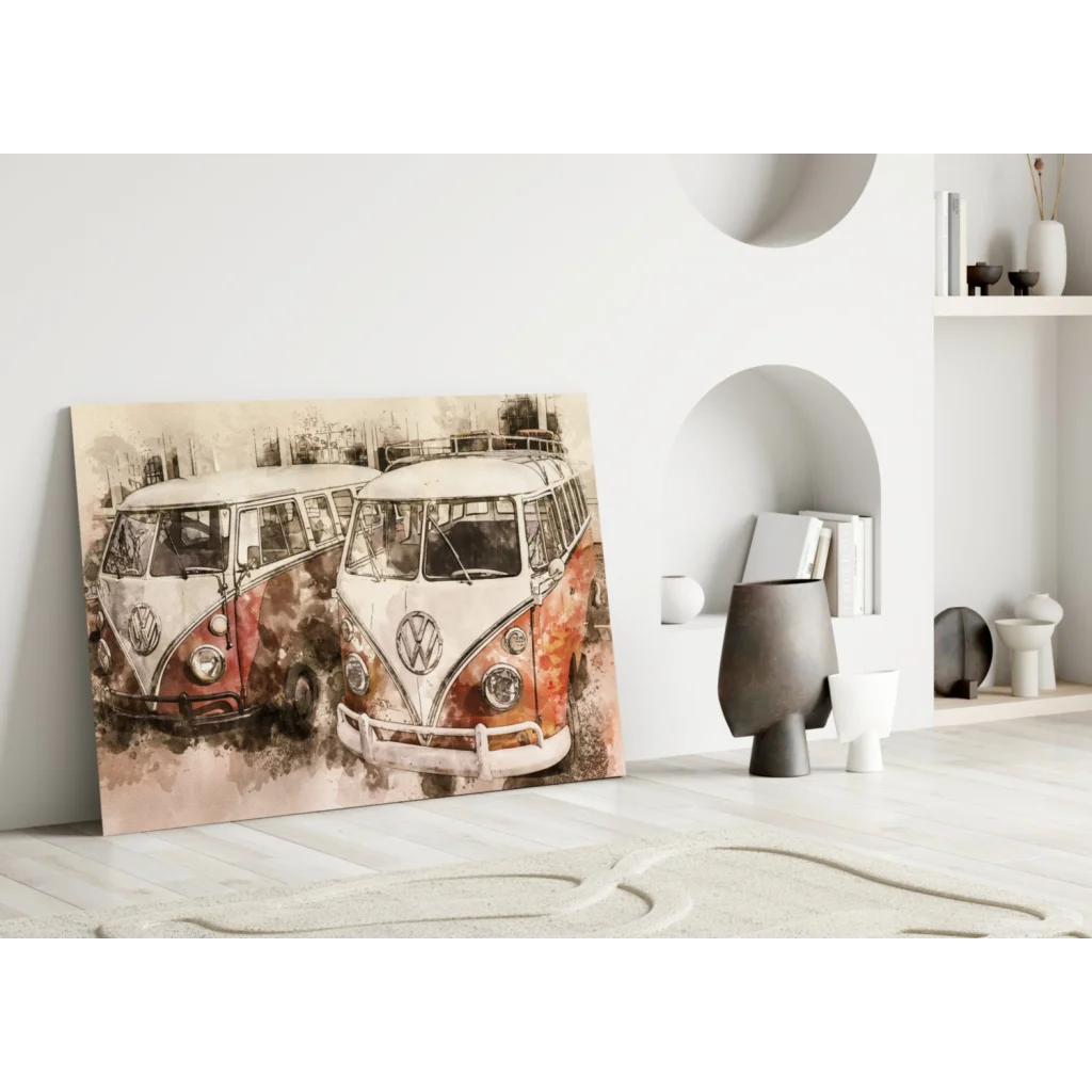 Vintage VW Bus watercolor canvas wall art print with red white buses