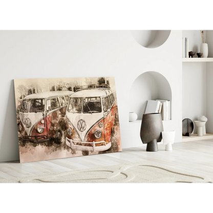 Vintage VW Bus watercolor canvas wall art print with red white buses