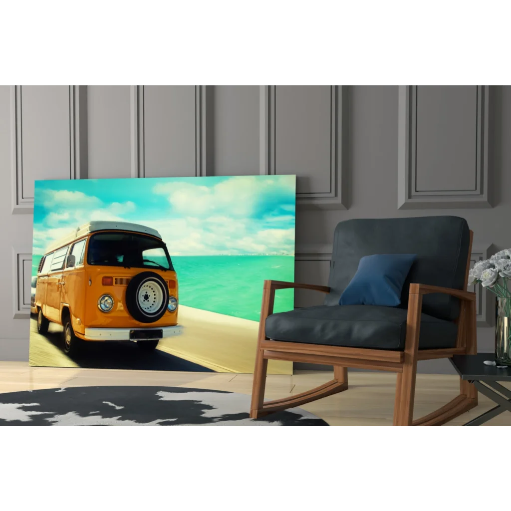 Vibrant orange vintage VW van glass wall art canvas print coastal scene
