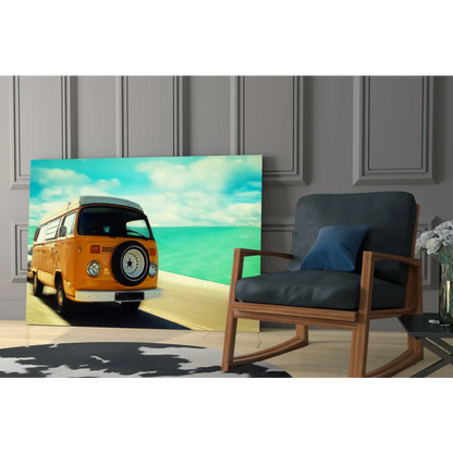 Vibrant orange vintage VW van glass wall art canvas print coastal scene