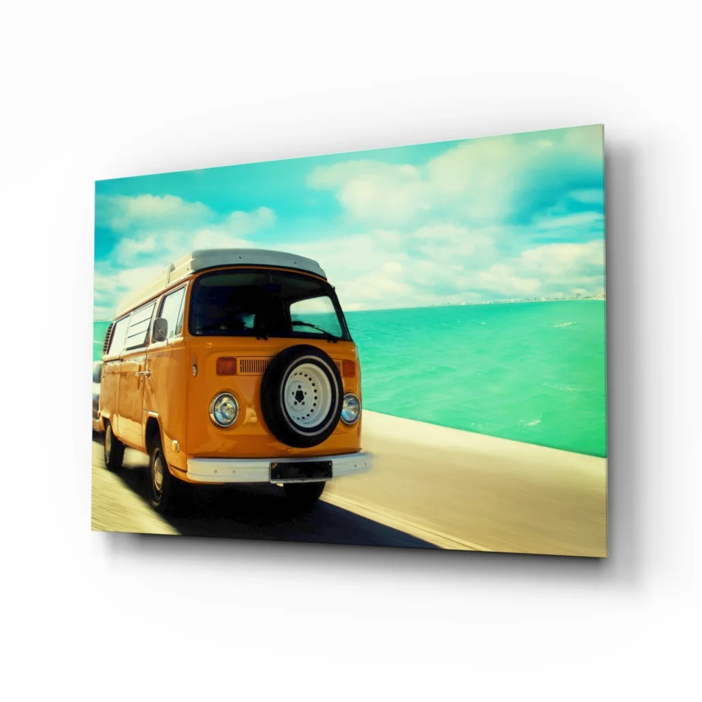 Vintage orange VW van with front spare tire glass wall art print