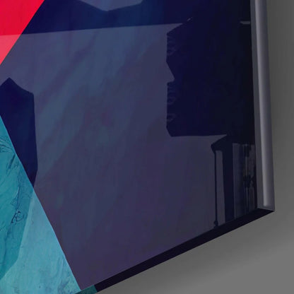 Bold geometric glass wall art in red, teal, and purple
