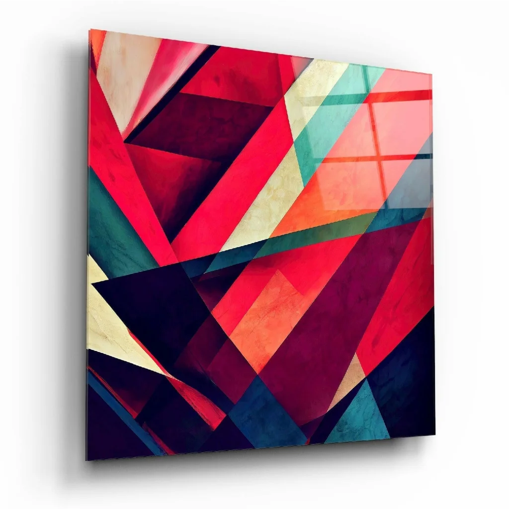 Bold geometric glass wall art in vibrant red, teal, and purple