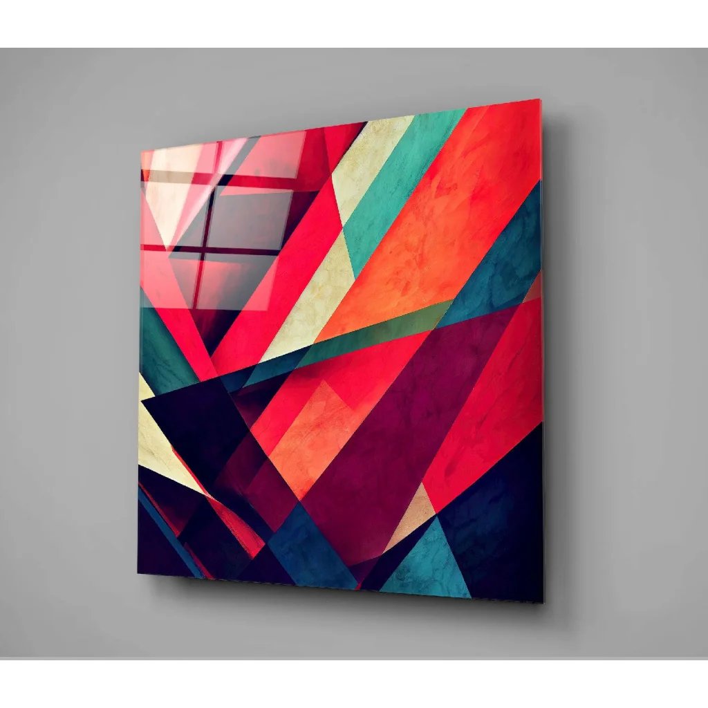 Bold red teal purple geometric glass wall art with glossy stripes