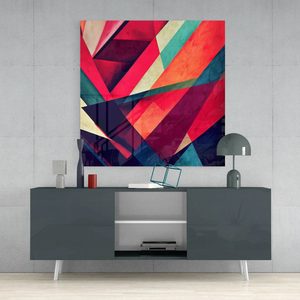 Vibrant bold geometric glass wall art in red, teal, orange stripes