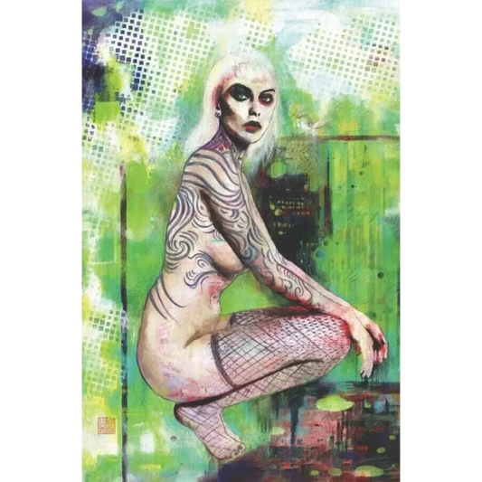 W0RLDTR33 tattooed woman with pale skin, dark eye makeup, light hair, fishnet stockings