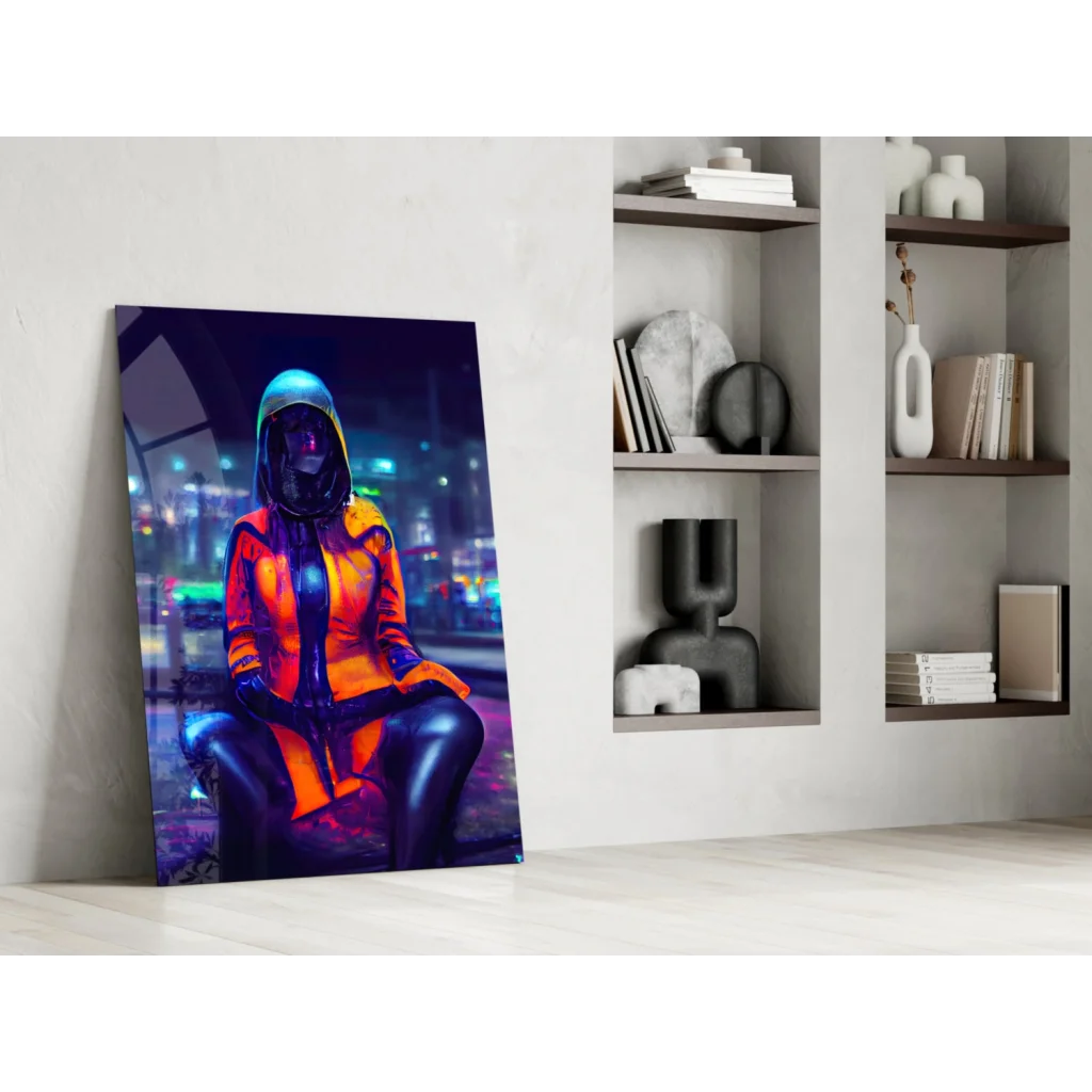 Neon cyberpunk glass wall art print of orange glow helmet figure in vibrant hooded jacket leaning against white wall