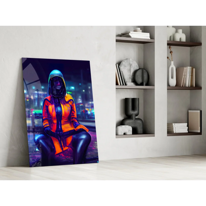 Neon cyberpunk glass wall art print of orange glow helmet figure in vibrant hooded jacket leaning against white wall
