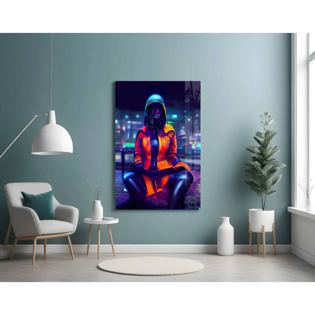 Vibrant neon cyberpunk glass wall art of orange glow helmet figure