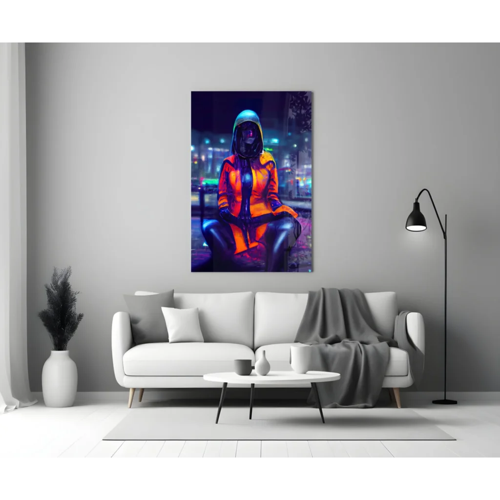 Vibrant neon cyberpunk glass wall art of orange glow helmet figure