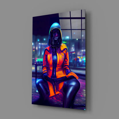 Vibrant neon-orange cyberpunk glass wall art with black helmet glow
