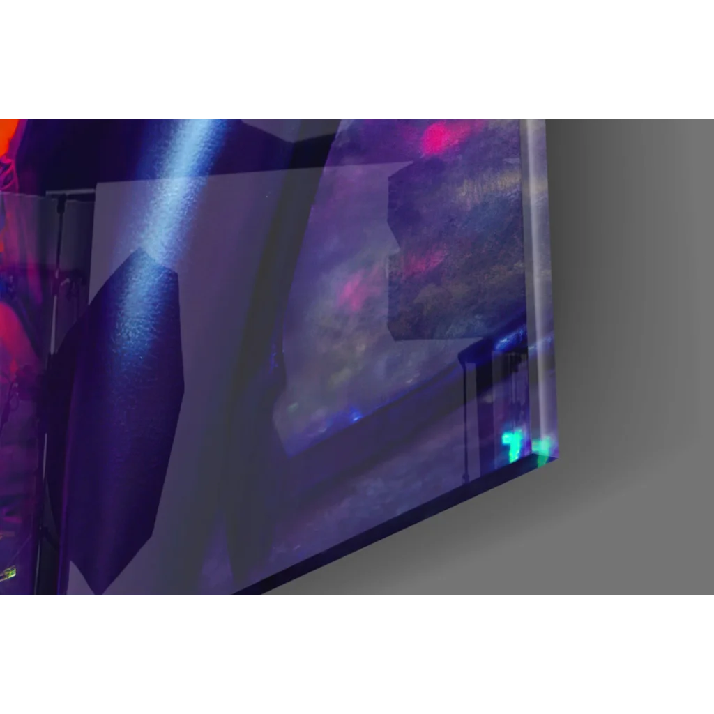 Vibrant neon cyberpunk glass wall art print with swirling purple pink cosmic hues and orange glow helmet