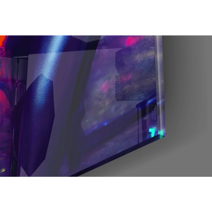 Vibrant neon cyberpunk glass wall art print with swirling purple pink cosmic hues and orange glow helmet
