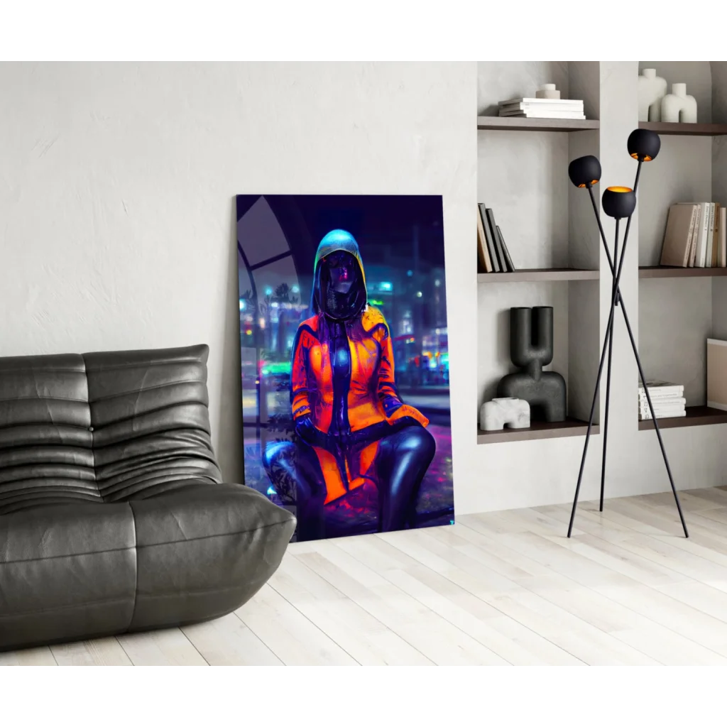 Neon cyberpunk glass wall art print of hooded figure in orange glow helmet