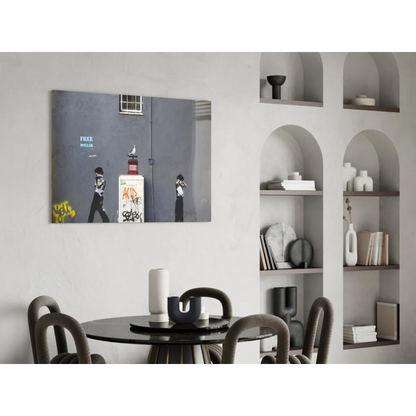 Gray urban street art canvas print with graffiti, figures, and pigeon wall art