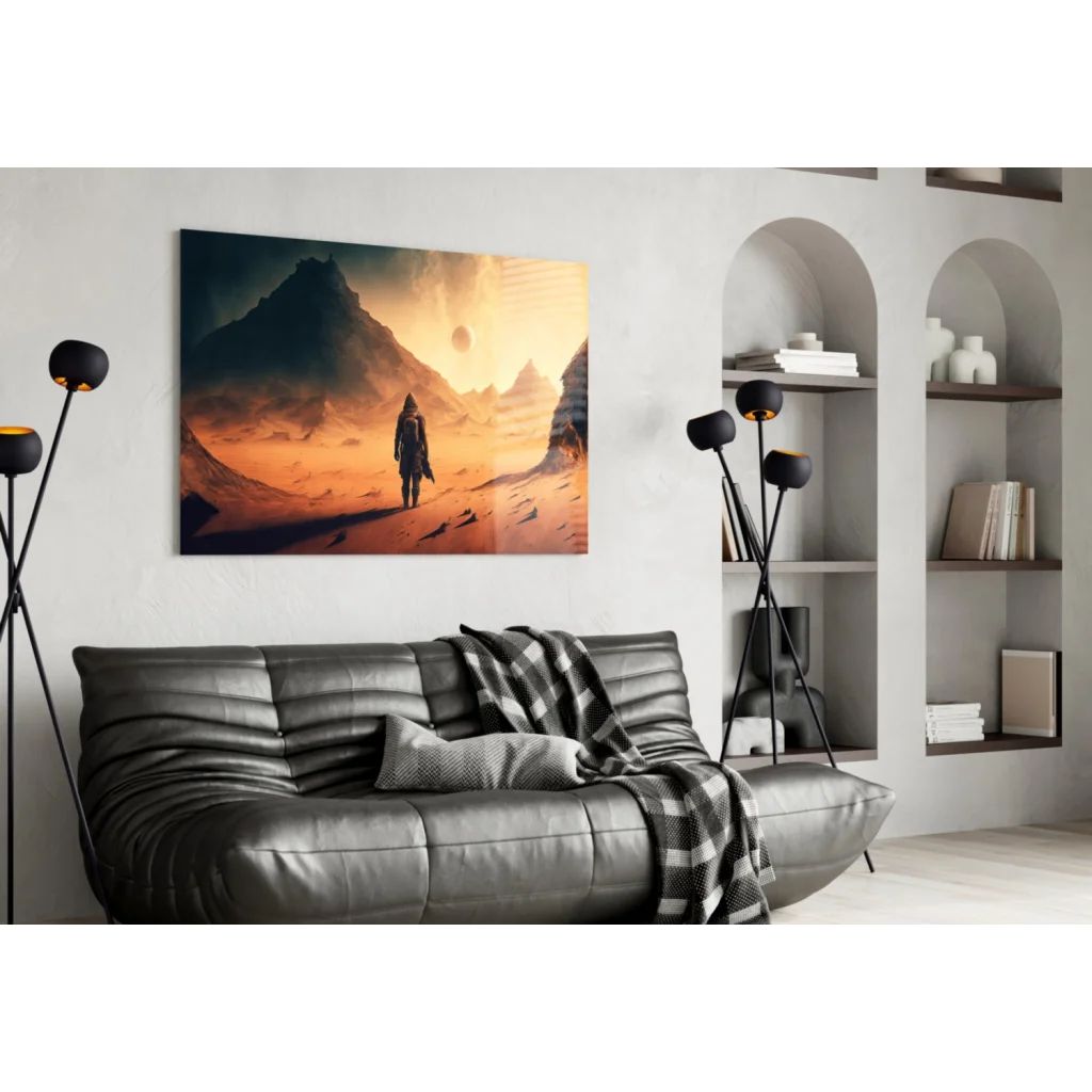 Lone explorer on alien desert planet glass wall art print