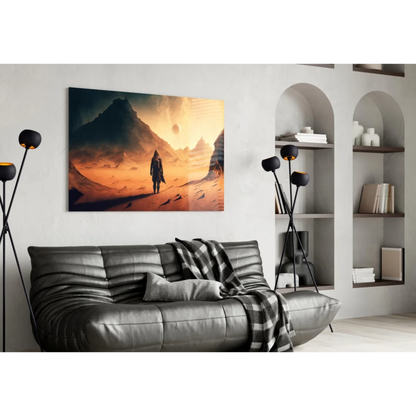Lone explorer on alien desert planet glass wall art print