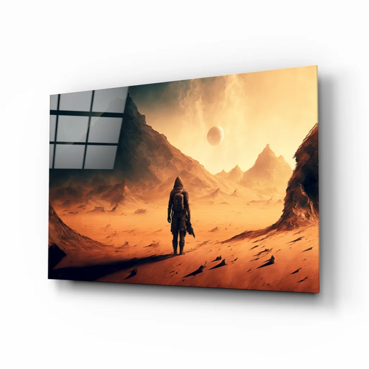 Lone explorer in dark armor on orange alien desert, glass wall art print