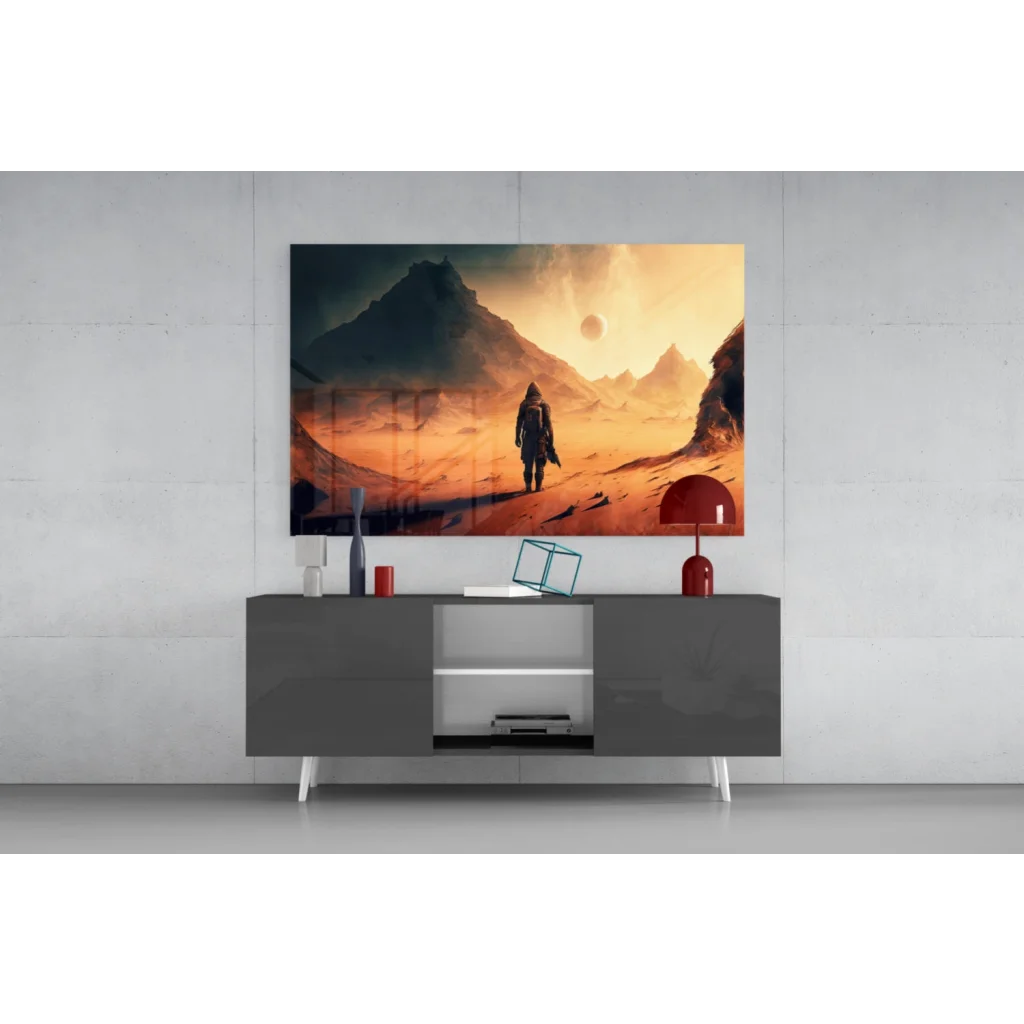 Vibrant orange black desert glass wall art with lone explorer toward mountains