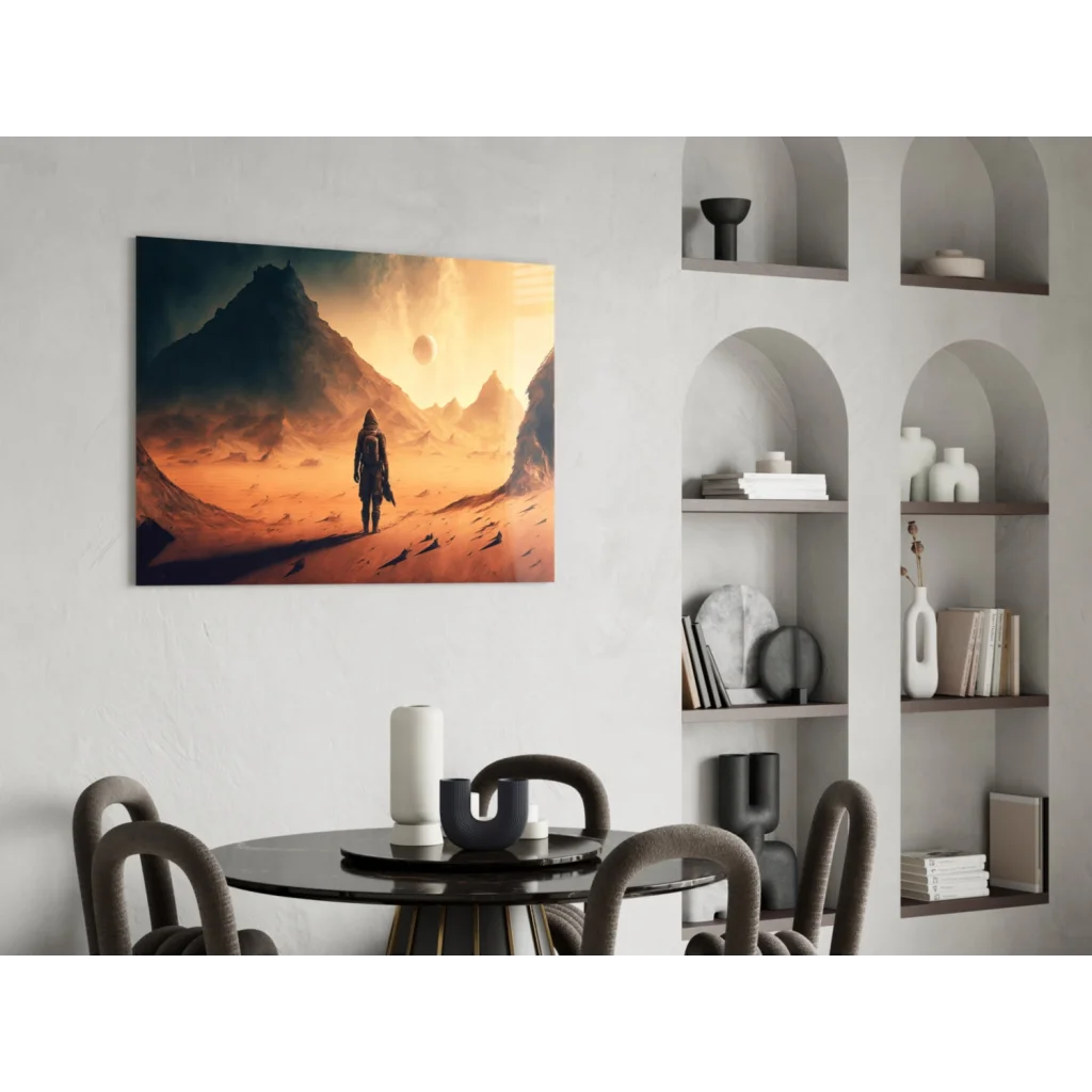 Lone explorer in orange desert with jagged mountains on glass wall art