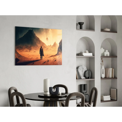 Lone explorer in orange desert with jagged mountains on glass wall art