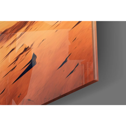 Orange abstract canvas with bold black strokes in Lone Explorer glass wall art