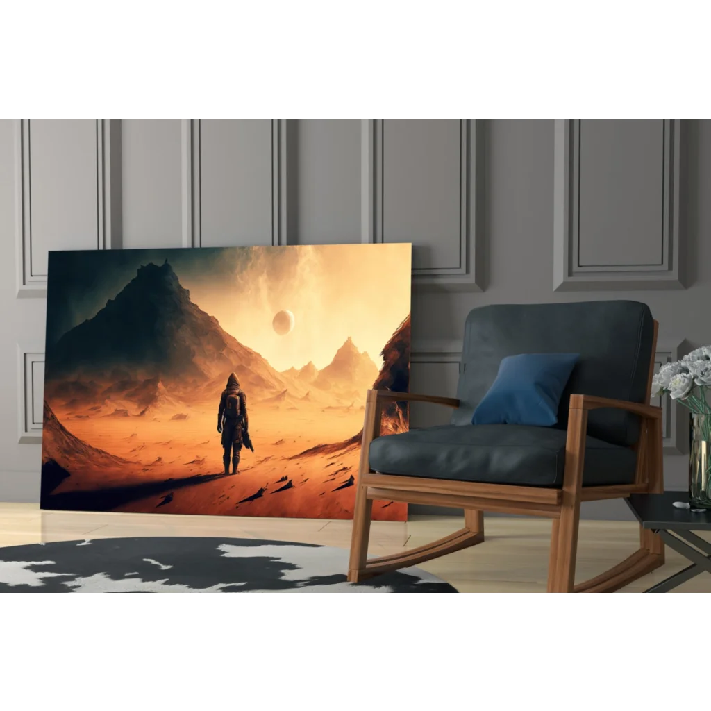 Lone explorer on orange desert alien planet glass wall art canvas print