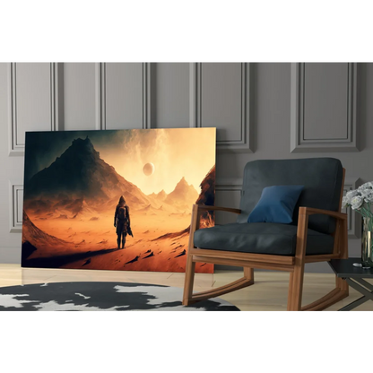 Lone explorer on orange desert alien planet glass wall art canvas print