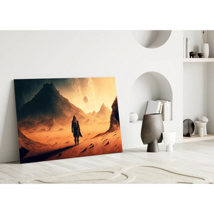 Lone explorer on orange desert mountain glass wall art print