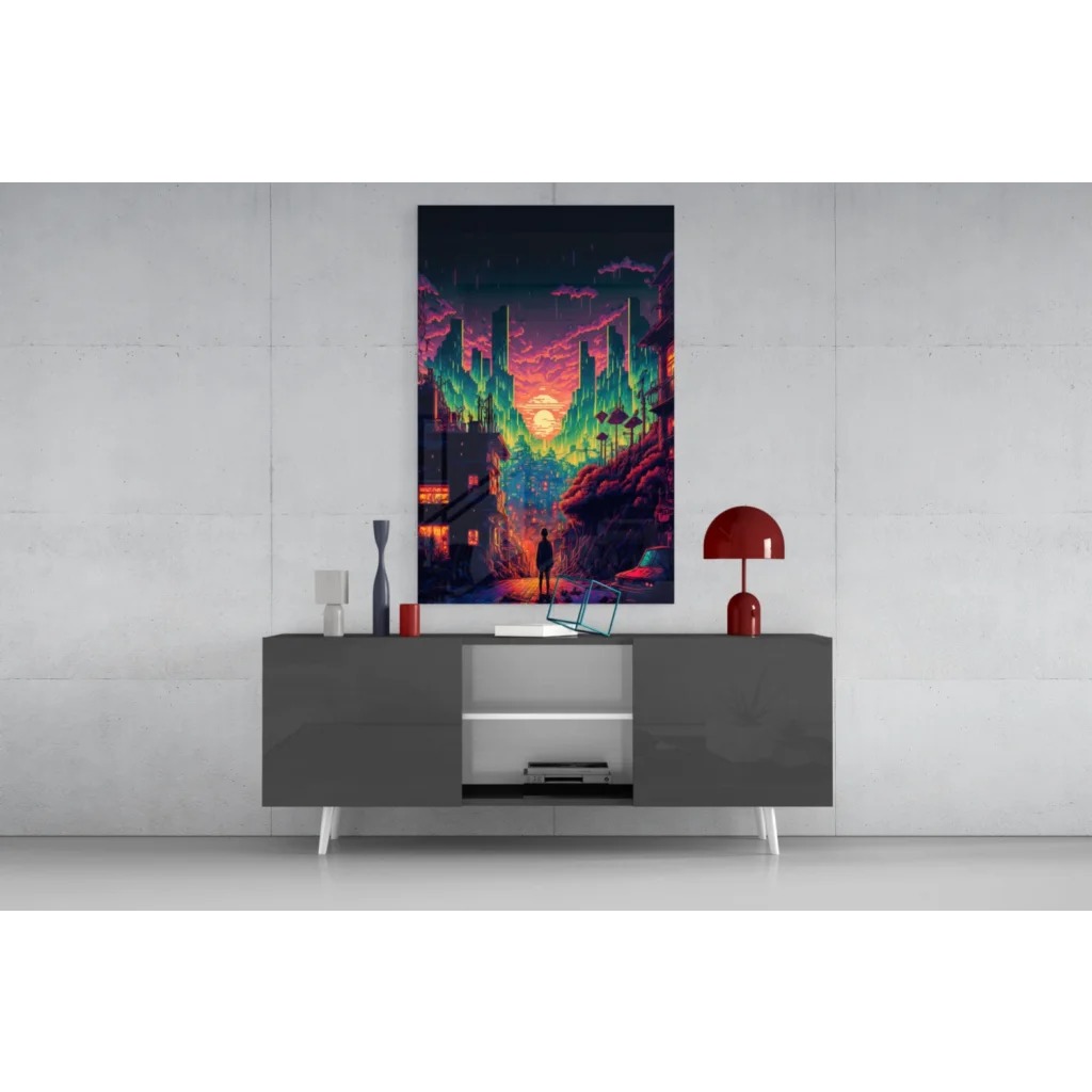 Vibrant neon cyberpunk city glass wall art canvas print in green magenta hues