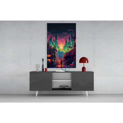 Vibrant neon cyberpunk city glass wall art canvas print in green magenta hues
