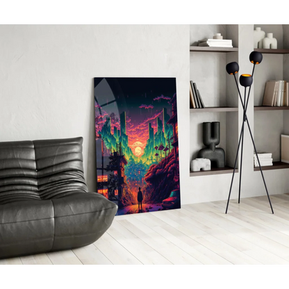 Vibrant neon cyberpunk city glass wall art canvas print in green, pink, purple hues