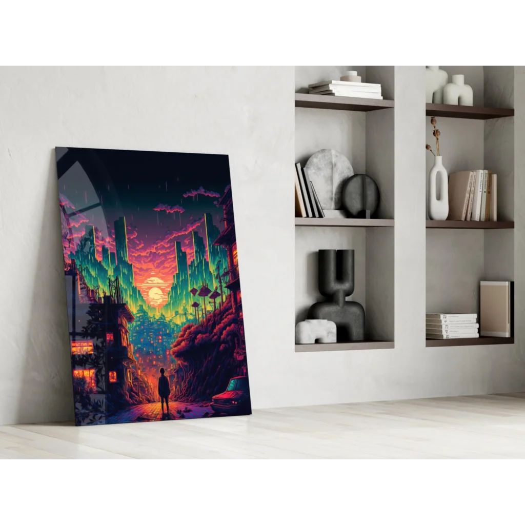 Vibrant neon cyberpunk city glass wall art canvas leaning on white wall
