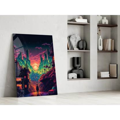 Vibrant neon cyberpunk city glass wall art canvas leaning on white wall
