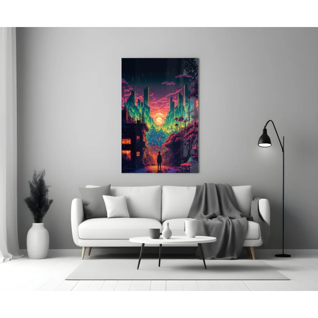 Vibrant neon cyberpunk city glass wall art with glowing towers and silhouette