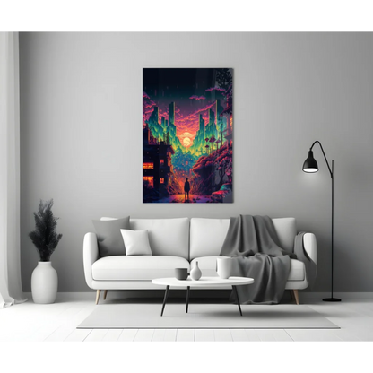 Vibrant neon cyberpunk city glass wall art with glowing towers and silhouette