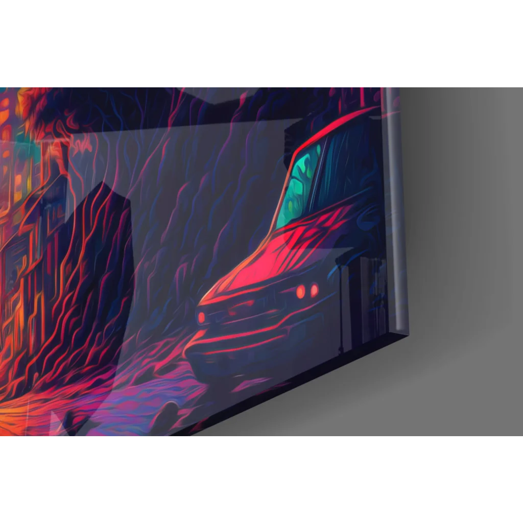 Vibrant neon cyberpunk glass wall art print of red teal vehicle in glowing landscape