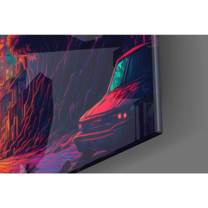 Vibrant neon cyberpunk glass wall art print of red teal vehicle in glowing landscape