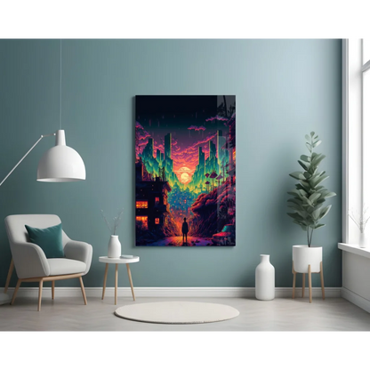 Vibrant neon cyberpunk glass wall art canvas print with glowing purple cityscapes