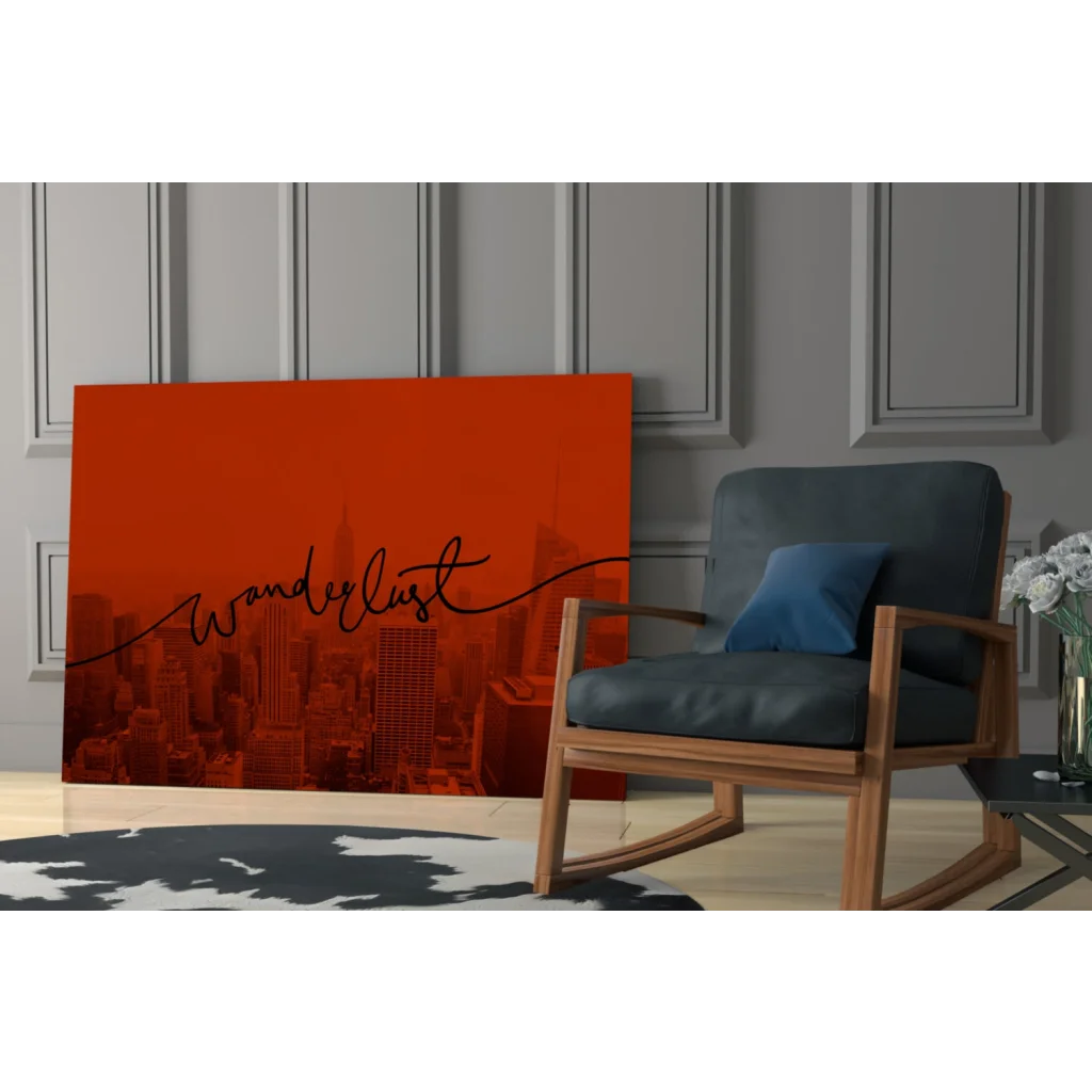 Vibrant orange cityscape wall art with Wanderlust script