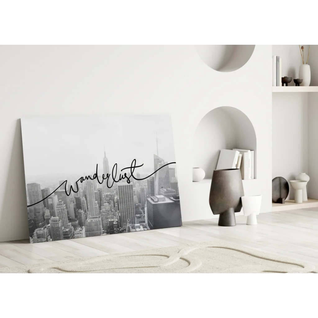Black and white cityscape wall art canvas with elegant wanderlust script
