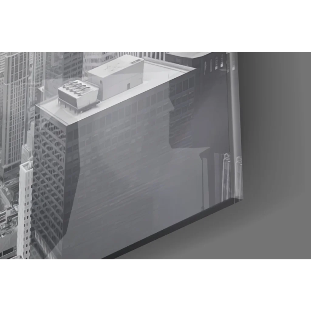 Sleek glass wall art of grayscale cityscape skyscrapers in acrylic frame