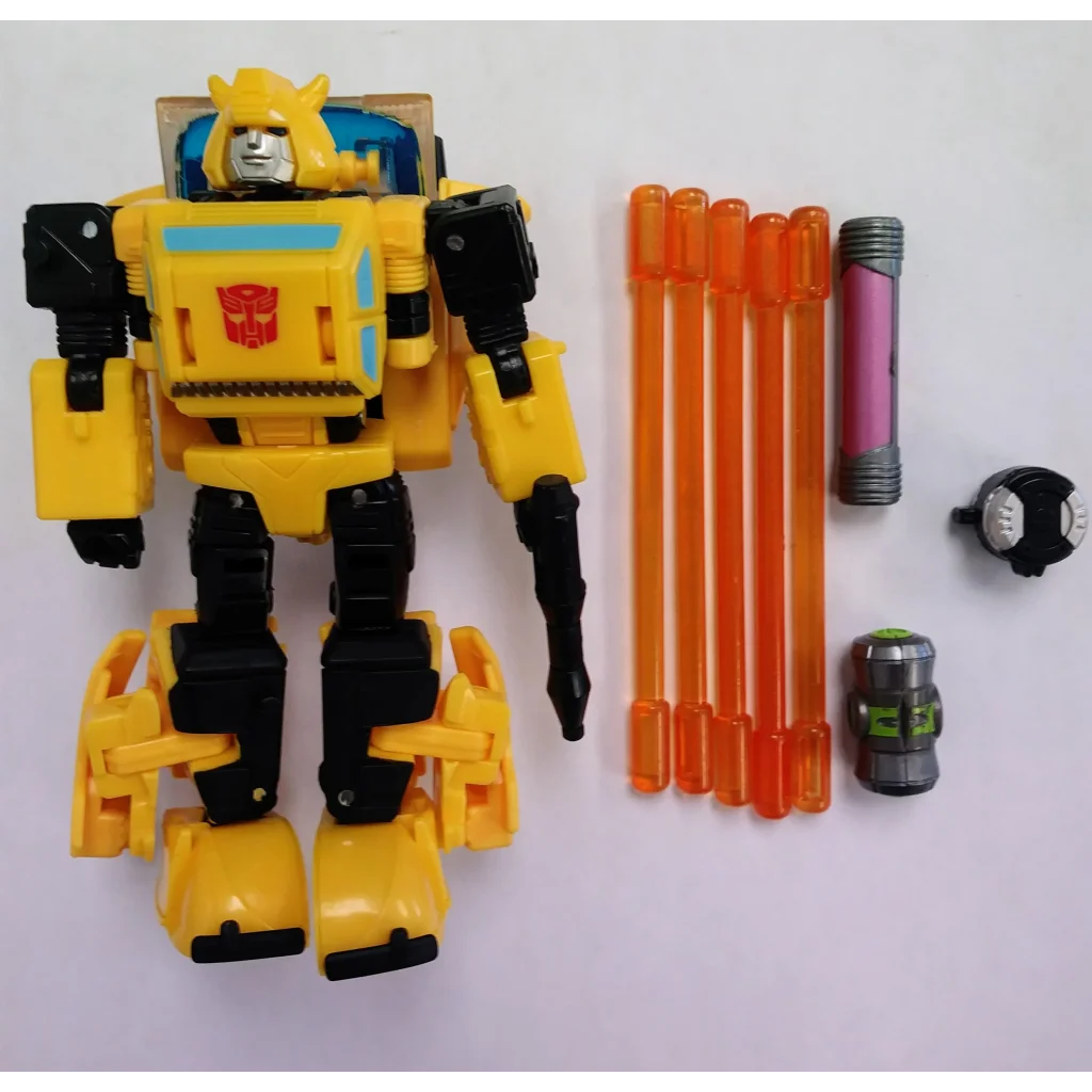 Yellow and black Transformers action figure Bumblebee with orange darts
