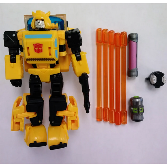 Yellow and black Transformers action figure Bumblebee with orange darts