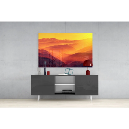 Fiery Mountain Sunset glass wall art over gray console